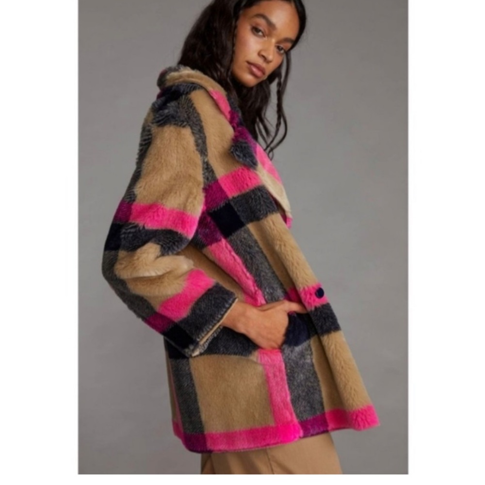 Anthropologie Vilagallo Plaid with hot pink statement teddy jacket - Picture 2 of 8